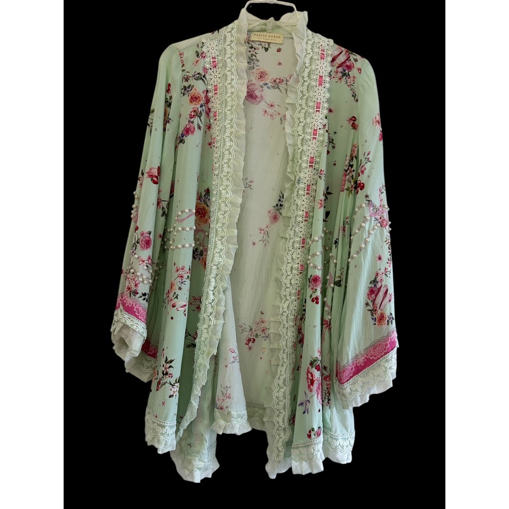 Farida Hasan Mint Green Floral Kimono Wrap Pearl Embellished Lace Trim Ruffle
